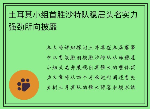 土耳其小组首胜沙特队稳居头名实力强劲所向披靡